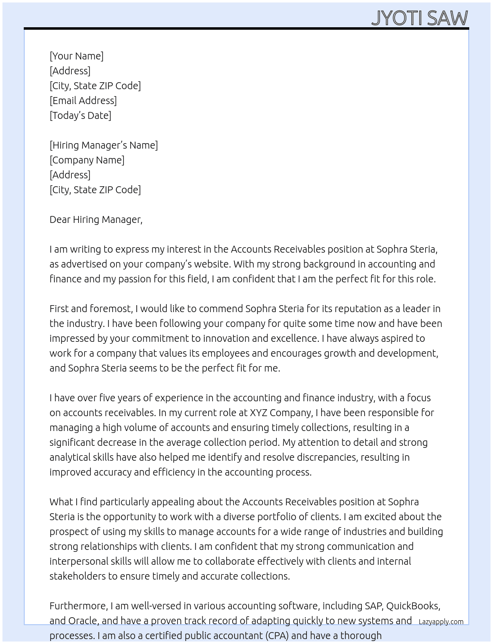 Accounts Receivables At Sophra Steria Cover Letter