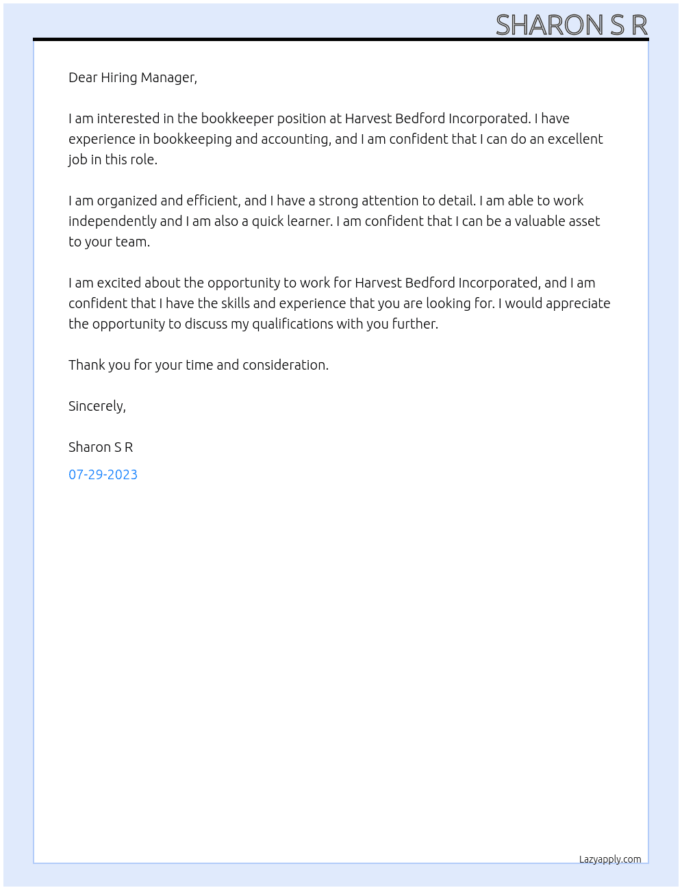 Bookkeeper At Harvest Bedford Incorporated Cover Letter