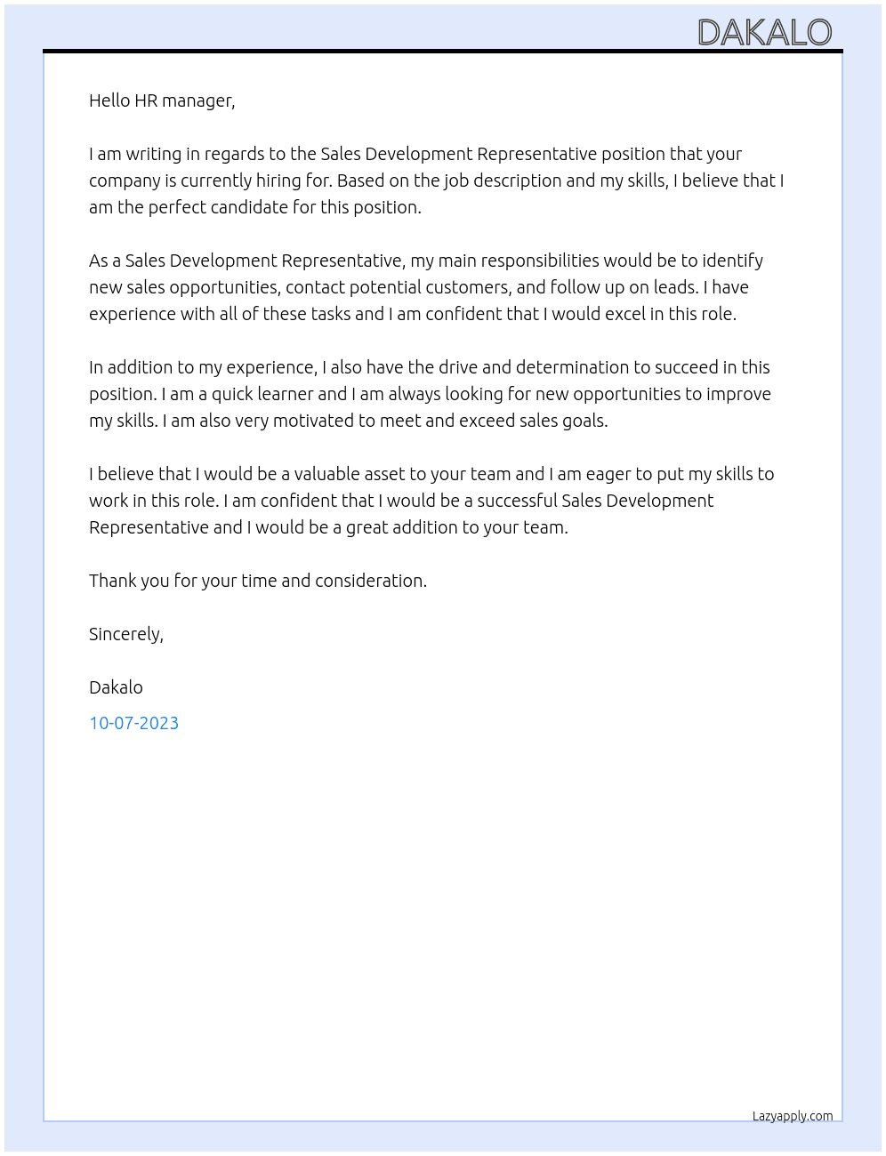 Sales Development Representative  At Sales Development Representative  Cover Letter