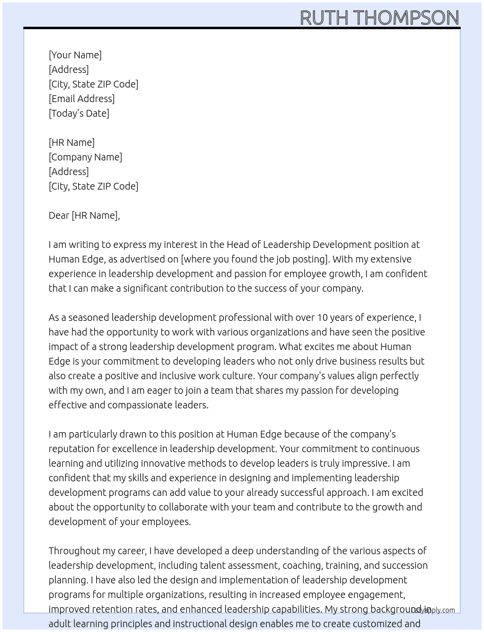 Head of Leadership development At Human Edge Cover Letter