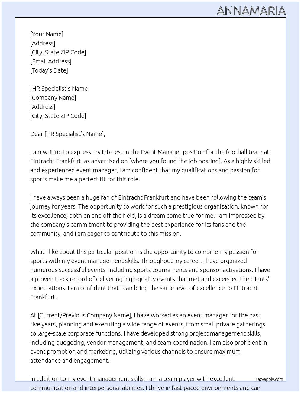 Eventmanager for a footbal team At Eintracht Frankfurt Cover Letter