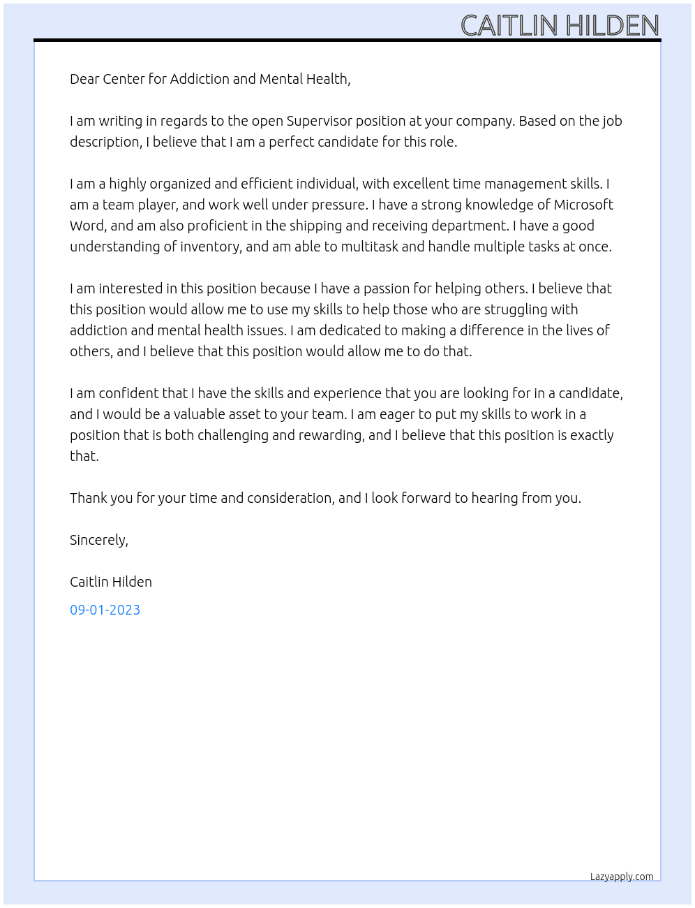 Supervisor At Center for addiction and Mental Health Cover Letter
