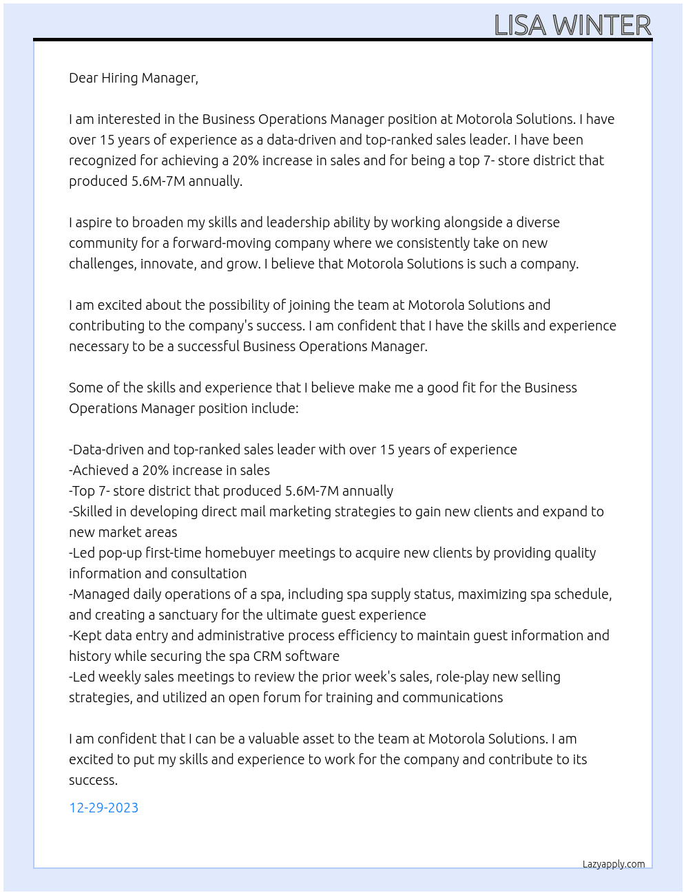 bUSINESS operations Manager At Motorola Solutions Cover Letter