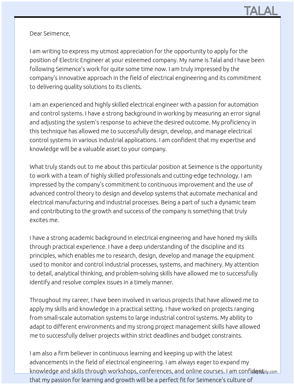 Electric engineer  At Seimence  Cover Letter