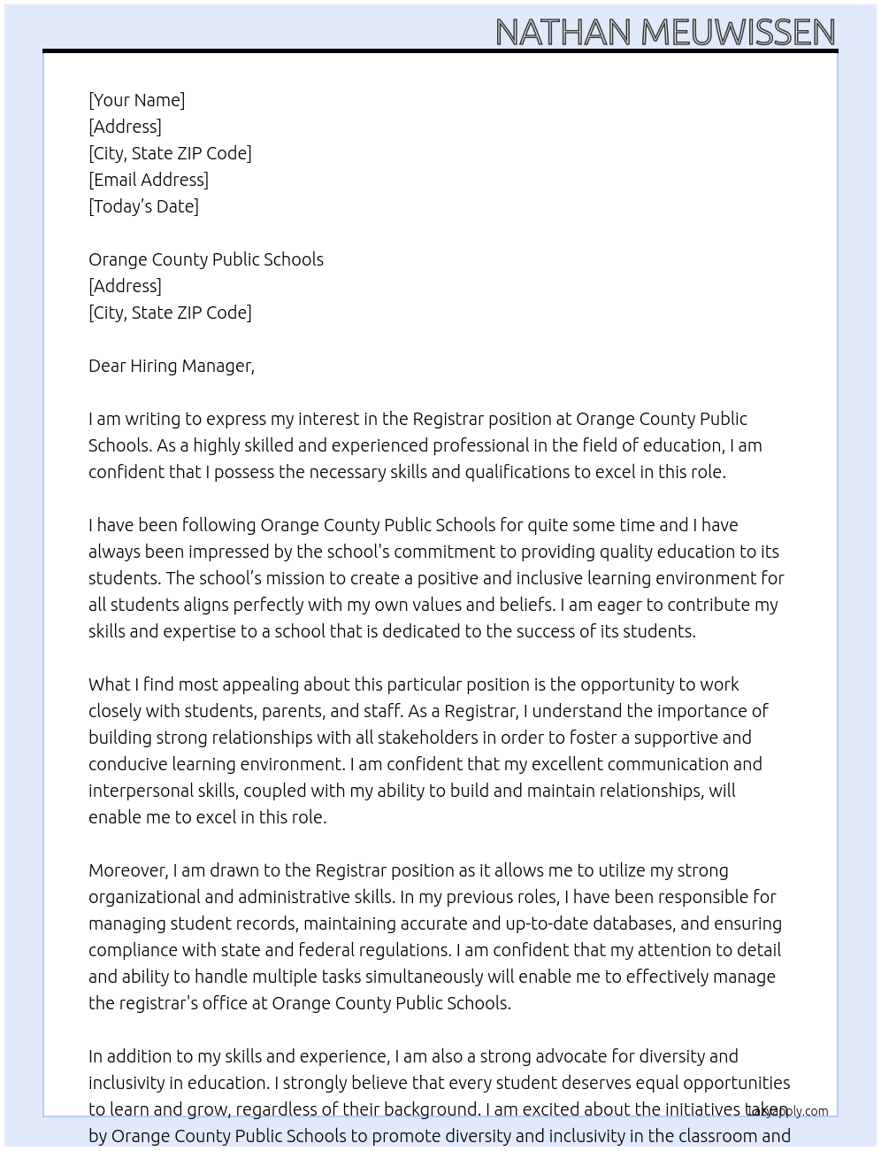 Registrar At Orange County Public Schools Cover Letter