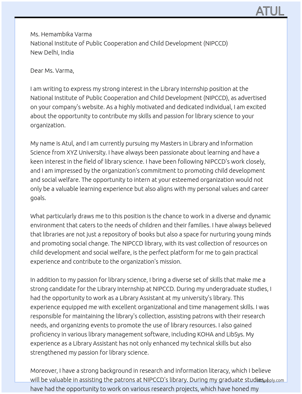 Cover letter for library internship - LazyApply