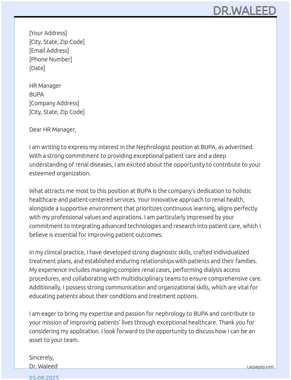 nephrologist At BUPA Cover Letter