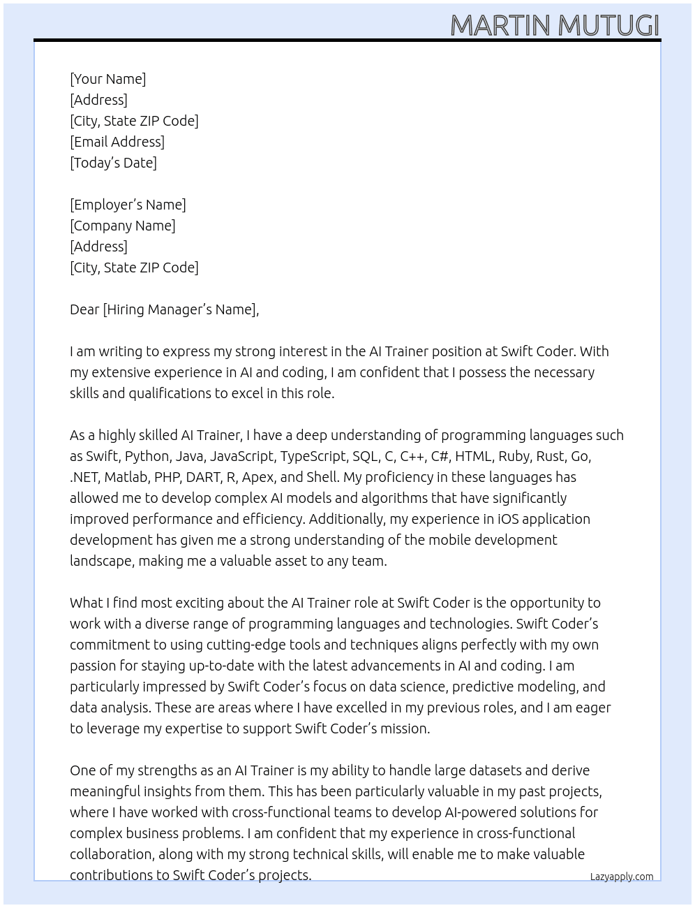AI Trainer At Swift Coder Cover Letter