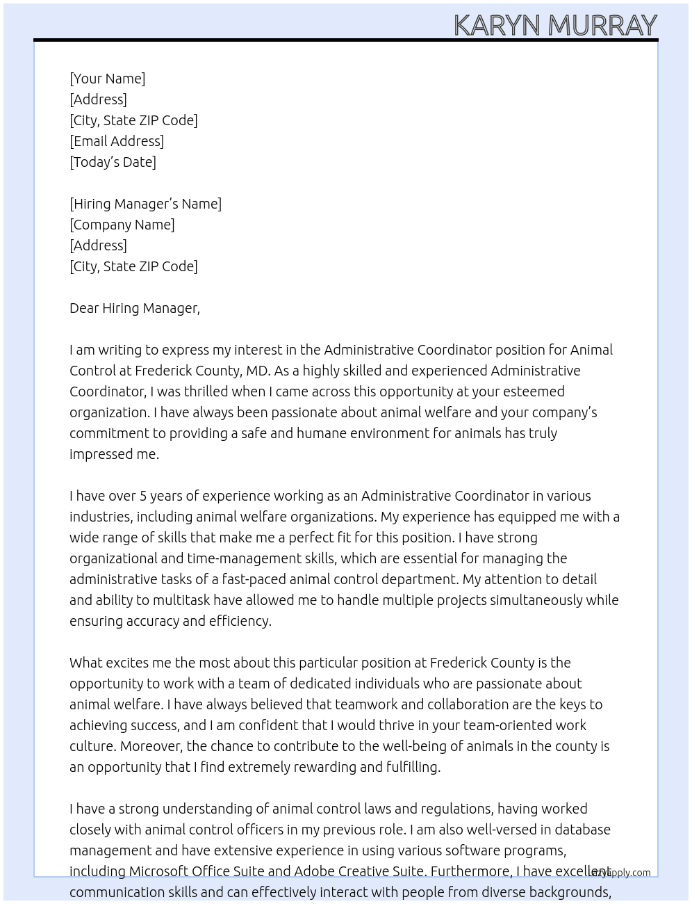 Administrative Coordinator - Animal Control At Frederick County, MD Cover Letter
