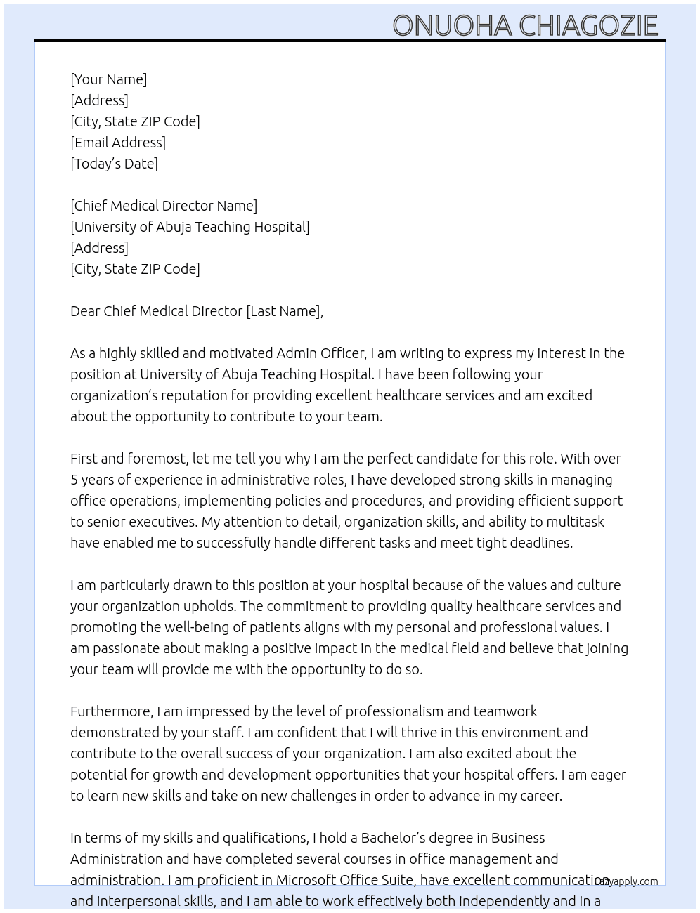 Admin Officer  At University of Abuja Teaching Hospital  Cover Letter