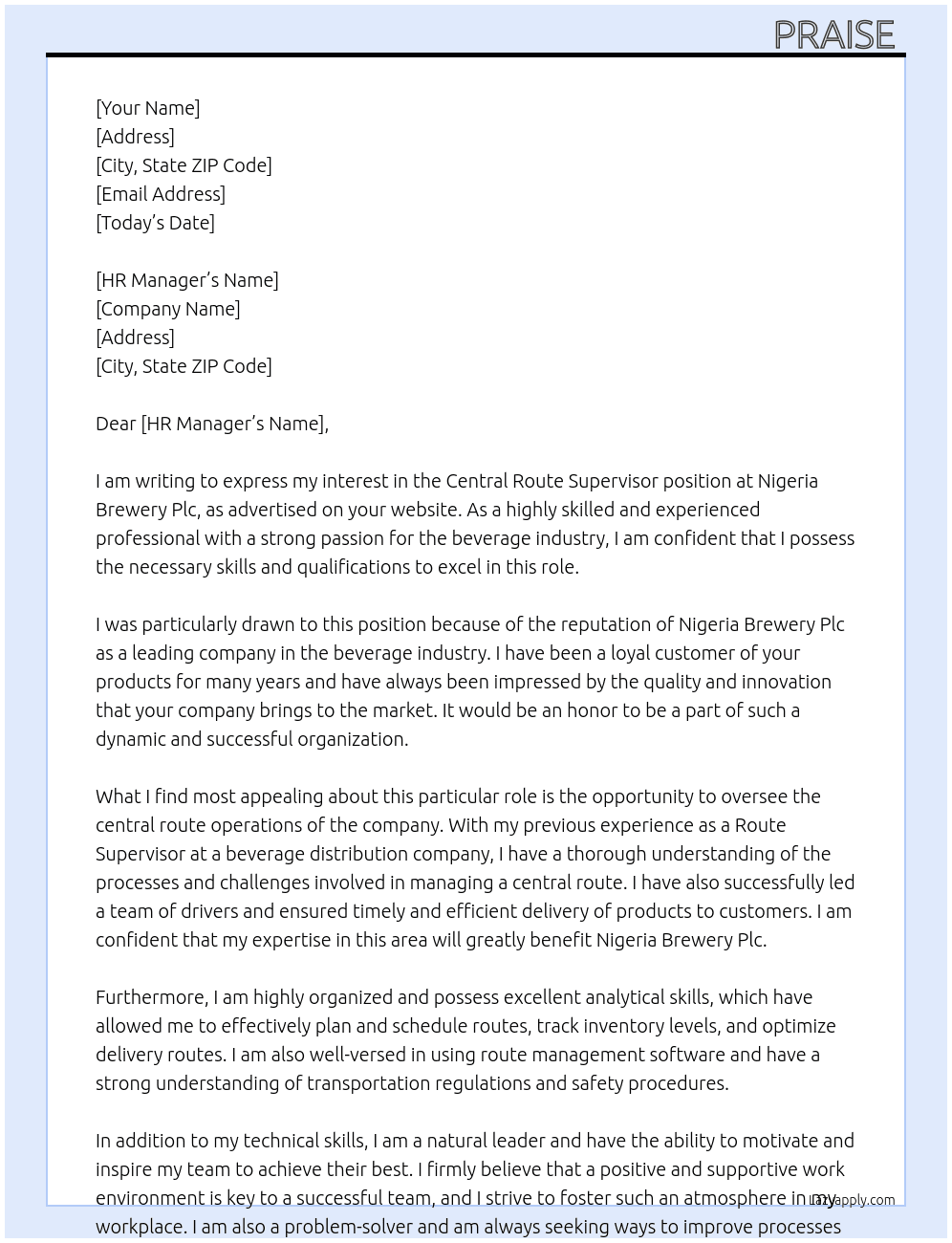 Central route supervisor  At Nigeria Brewery Plc Cover Letter