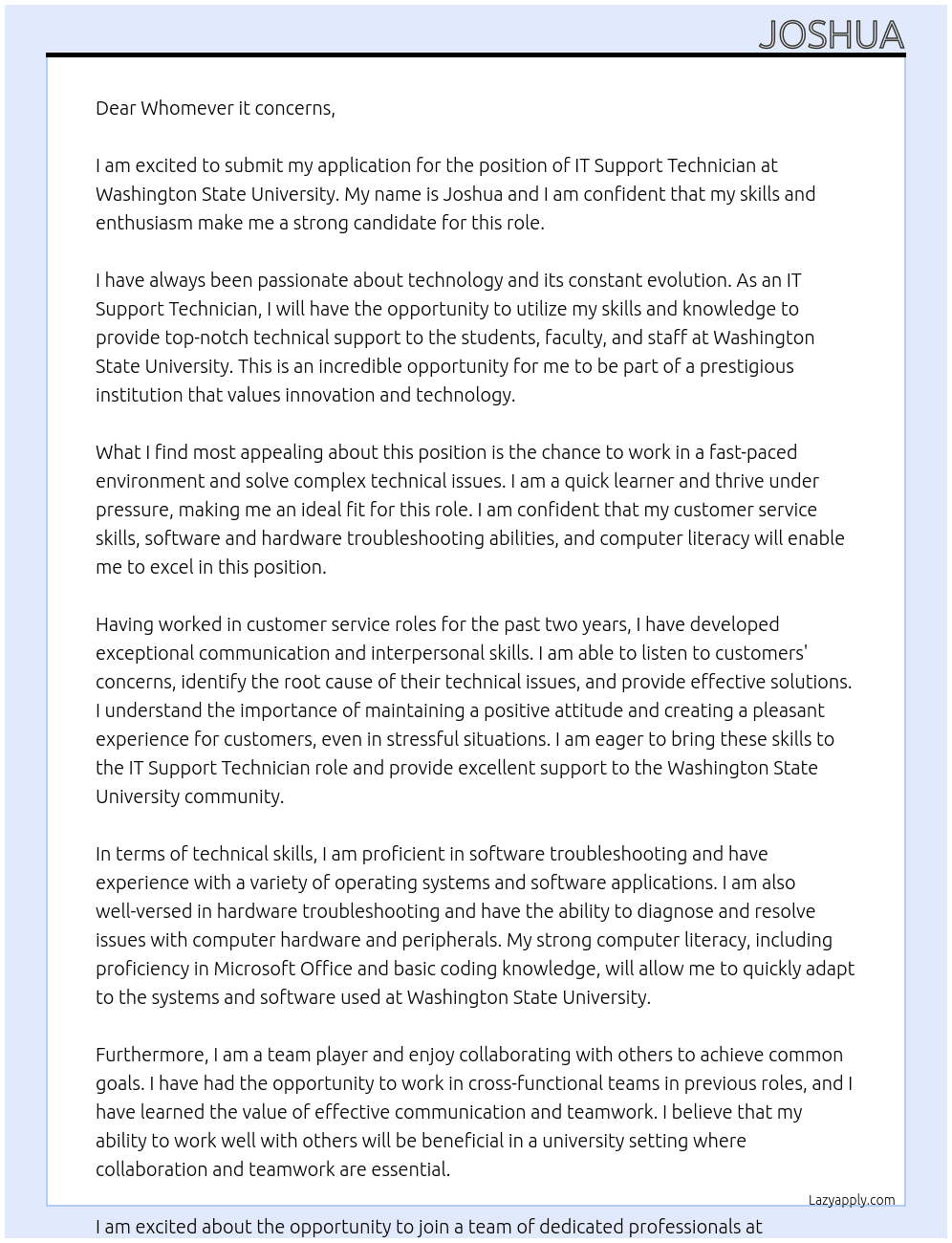 IT support technician At Washing State University Cover Letter