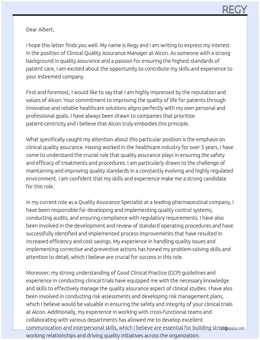 Clinical Quality Assurance Manager At alcon Cover Letter
