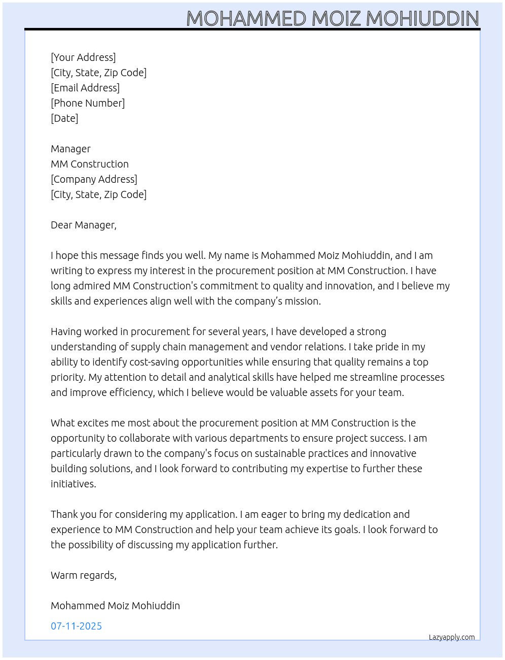 Cover letter for procurement - LazyApply