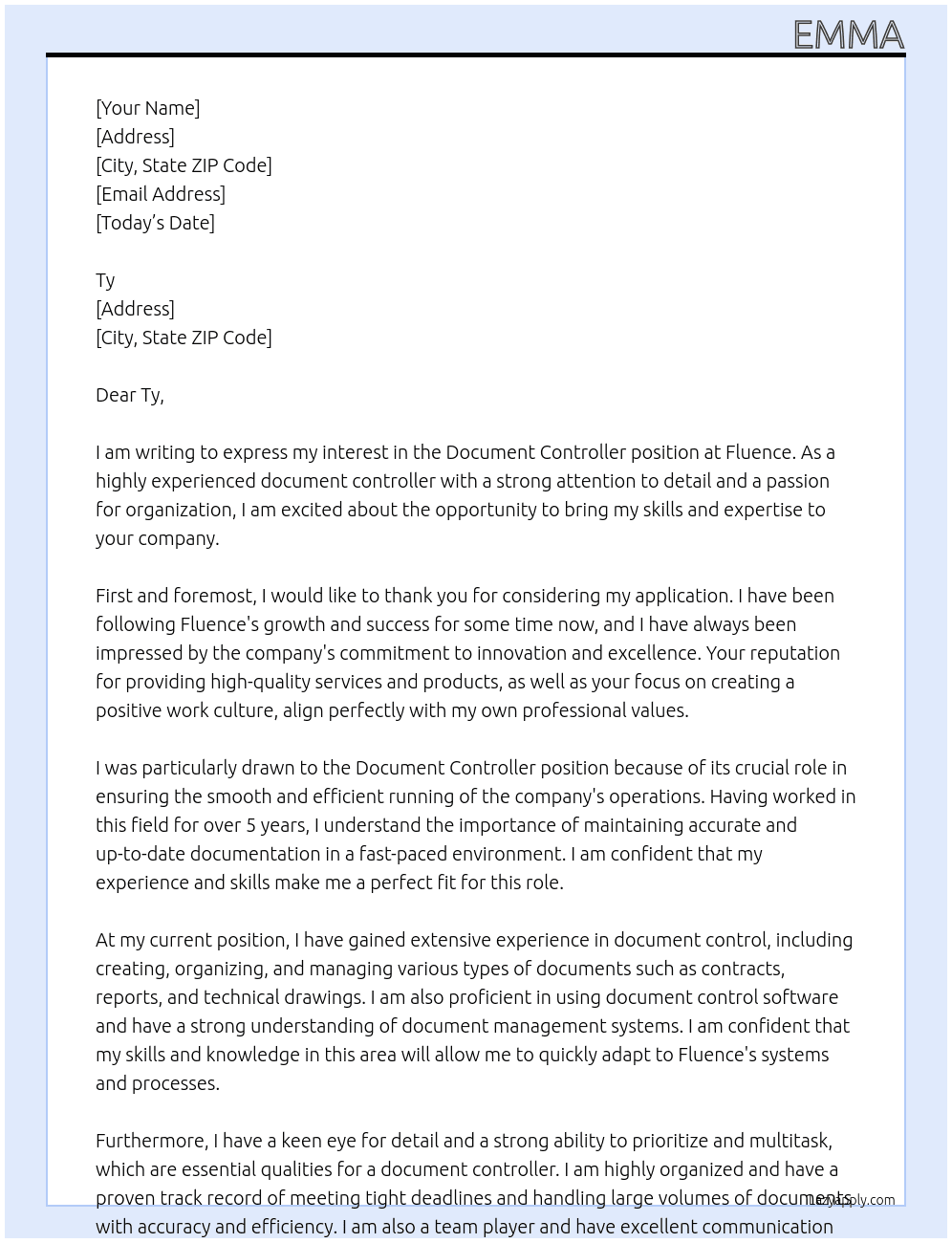 Document Controller At Fluence Cover Letter