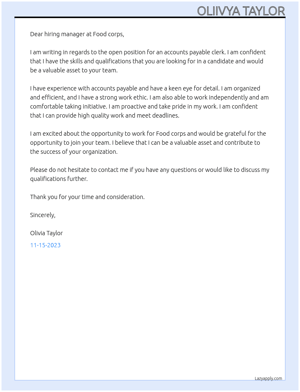 Accounts payable clerk  At Food corps Cover Letter