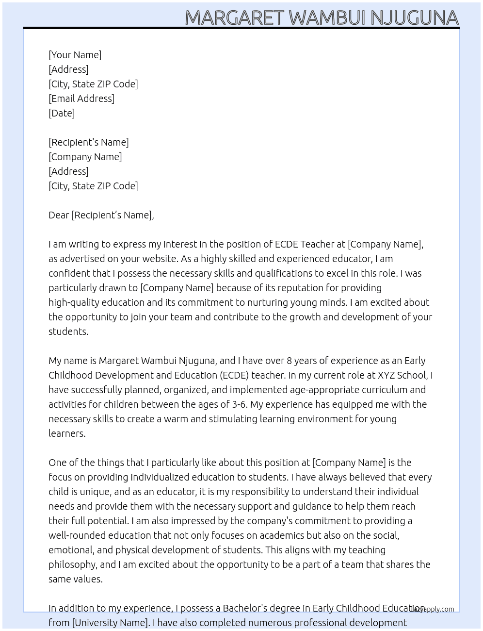 ECDE TEACHER At MARGARET WAMBUI NJUGUNA Cover Letter