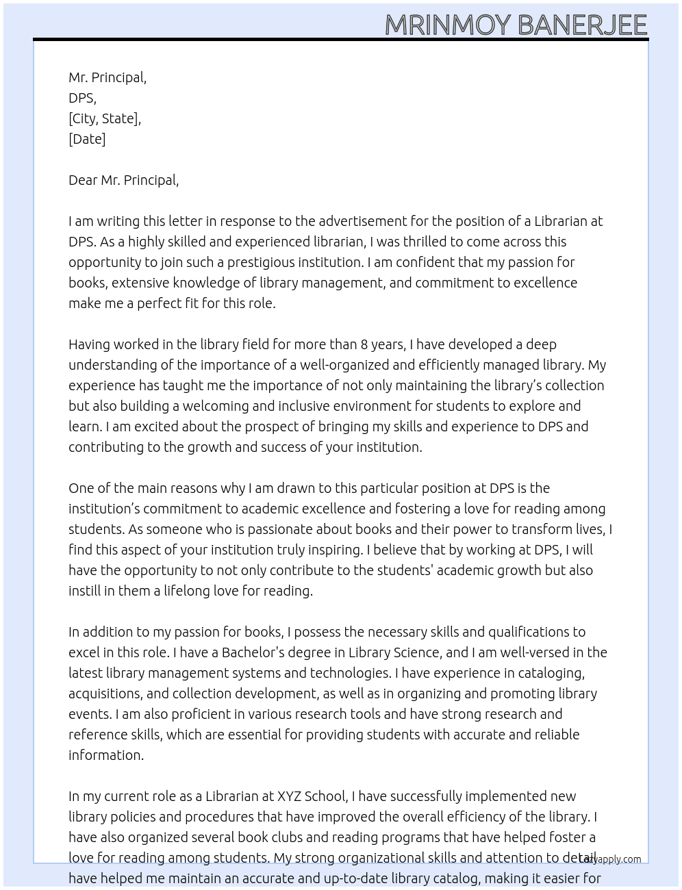 Libbrarian At DPS  Cover Letter