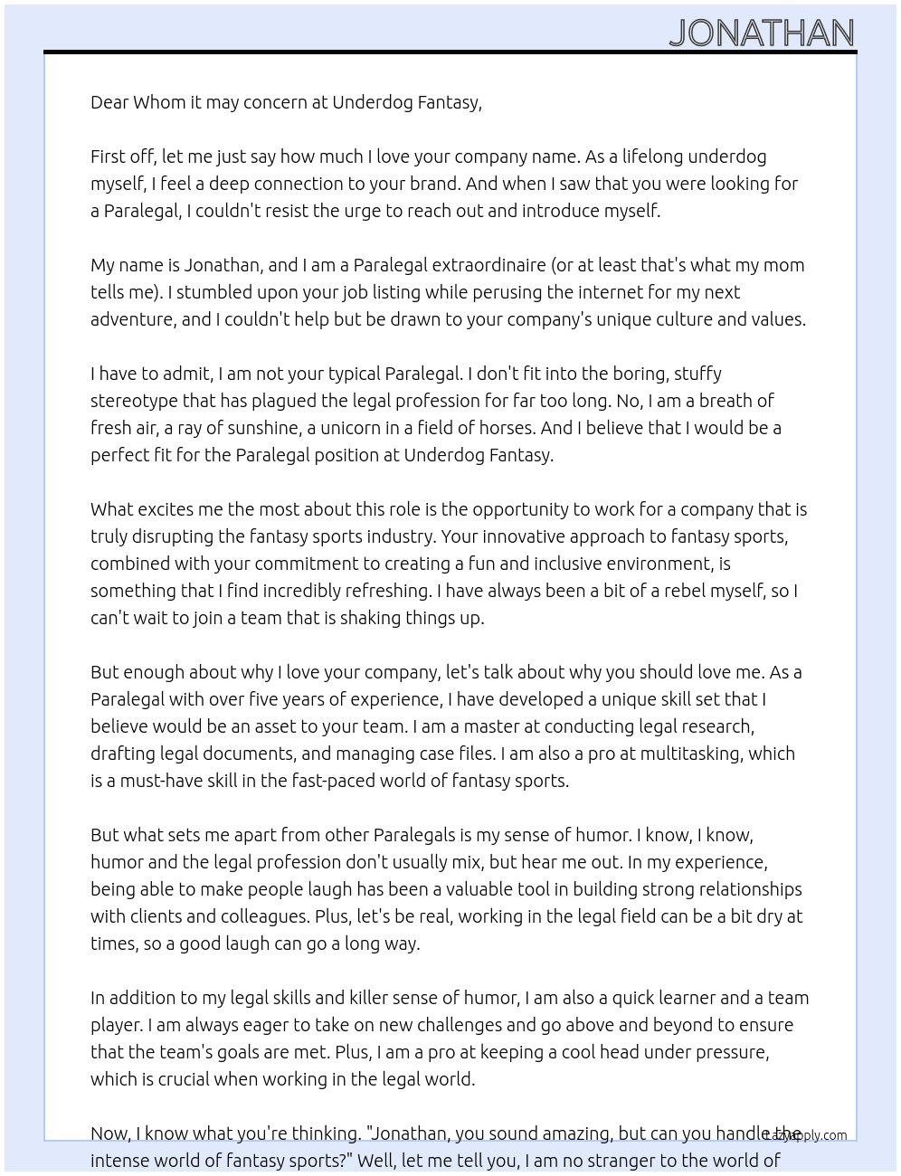 Paralegal At Underdog Fantasy Cover Letter