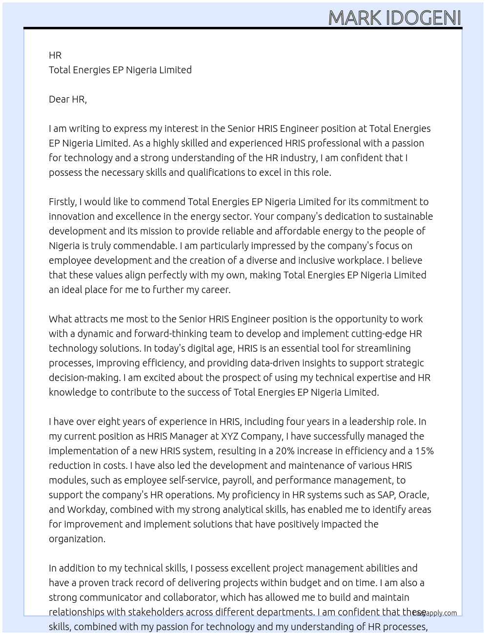 Senior HRIS engineer At Total Energies EP Nigeria Limited  Cover Letter