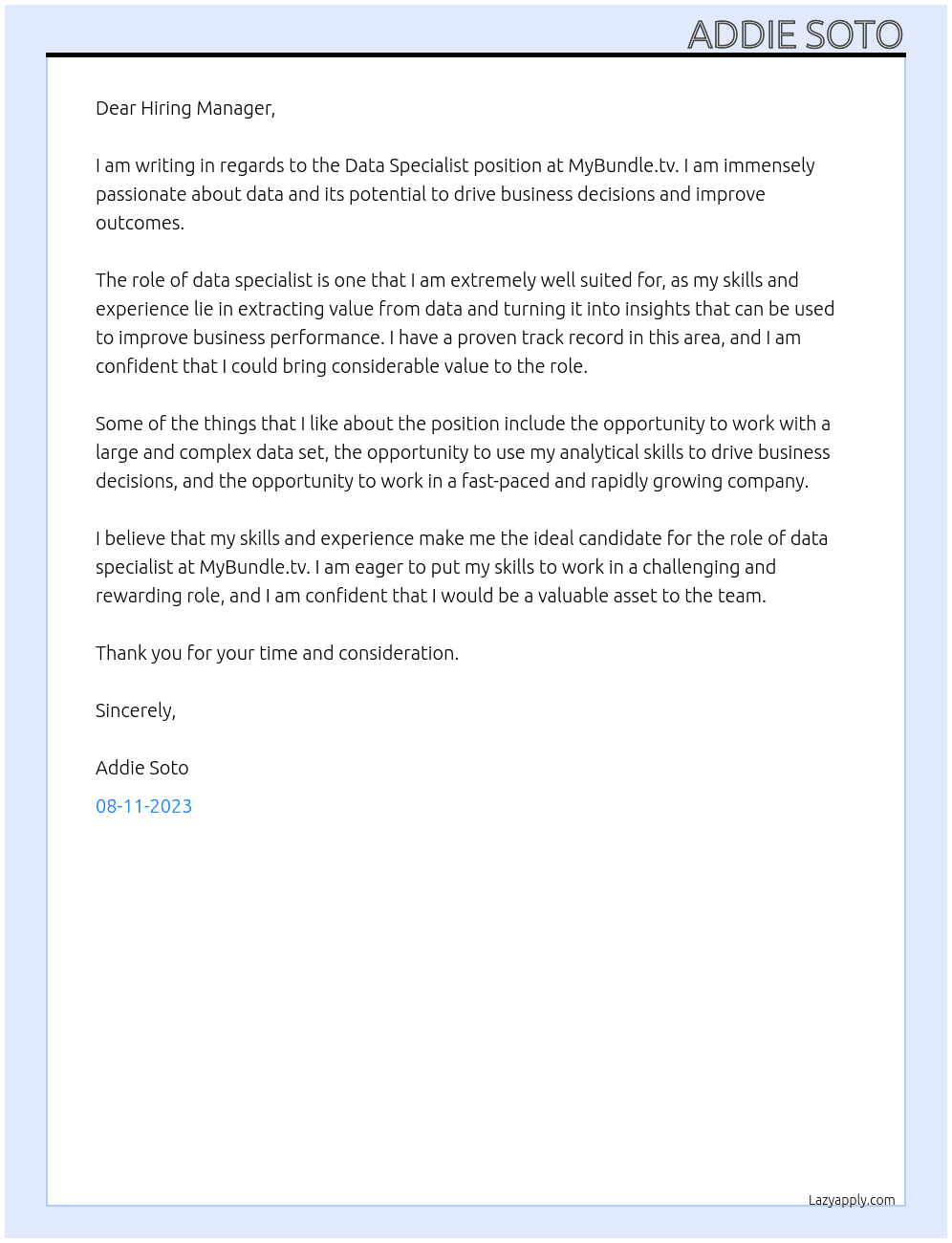 Data Specialist At MyBundle.tv Cover Letter