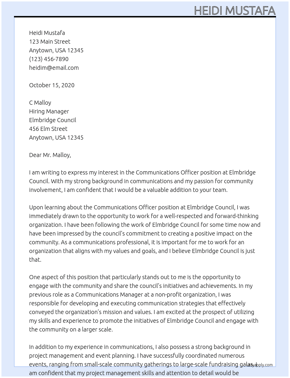 Communications Officer At Elmbridge Council Cover Letter