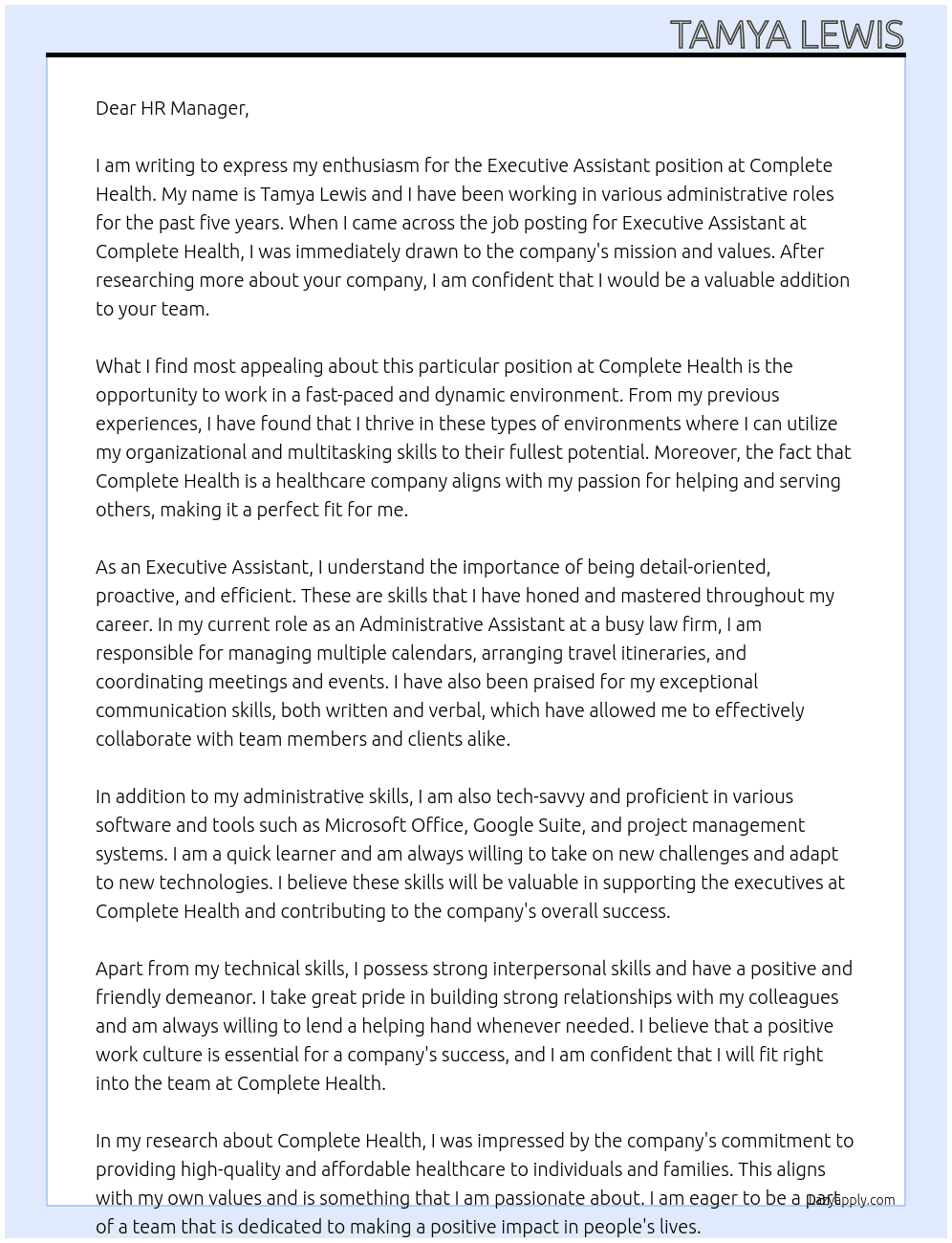 Executive Assistant At Complete Health Cover Letter