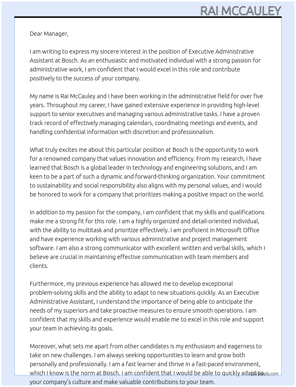 Executive Administrative Assistant At Bosch Cover Letter