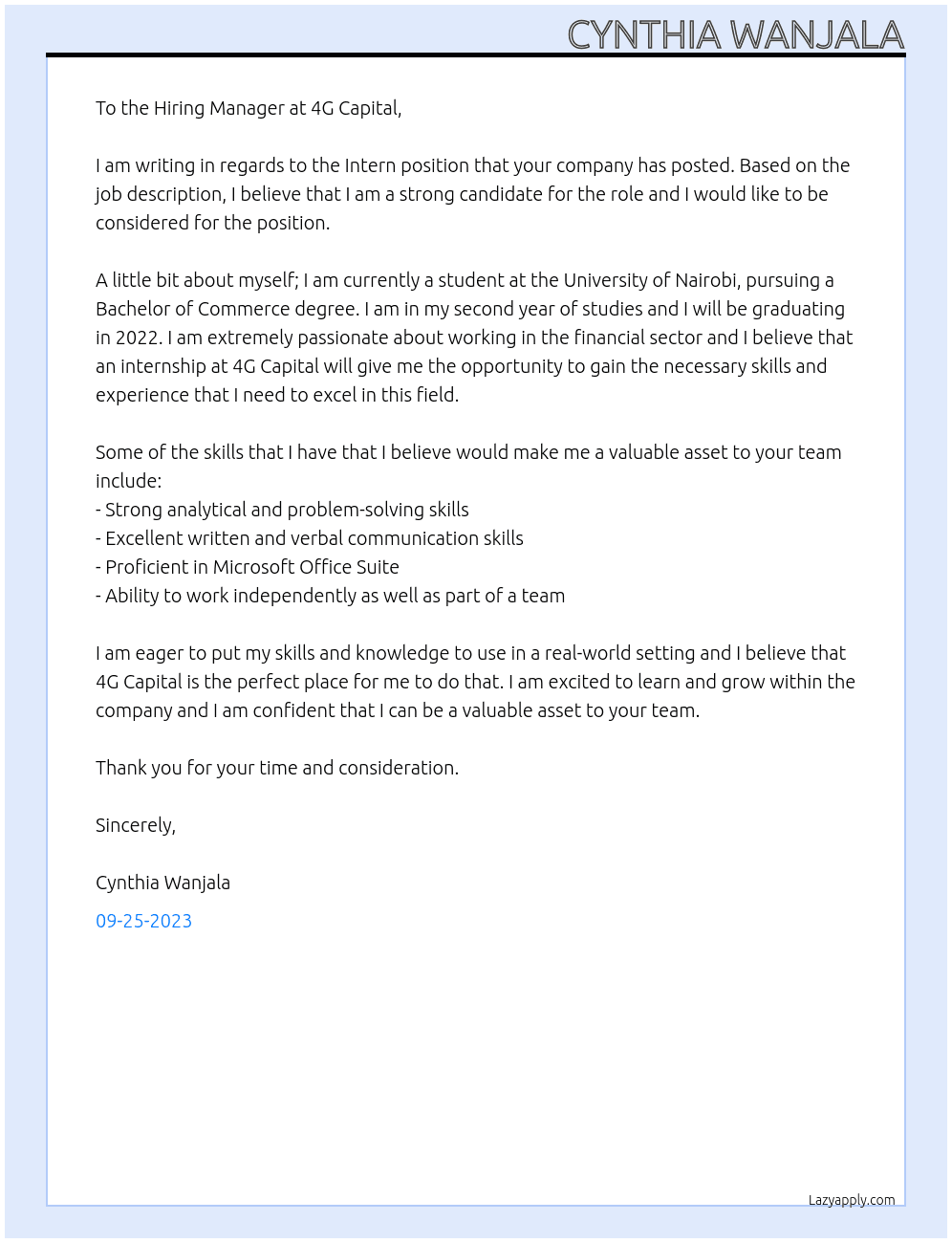 Intern At 4G Capital Cover Letter