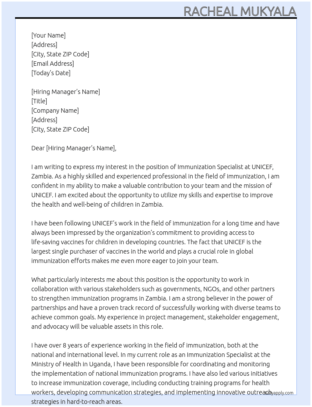 Immunization Specialist  At Immunization Specialist, UNICEF, Zambia Cover Letter