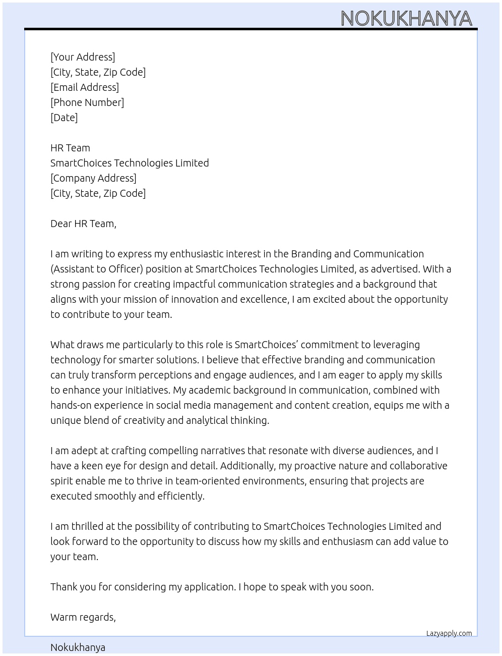 Branding and Communication (Assistant to Officer) At SmartChoices Technologies Limited  Cover Letter