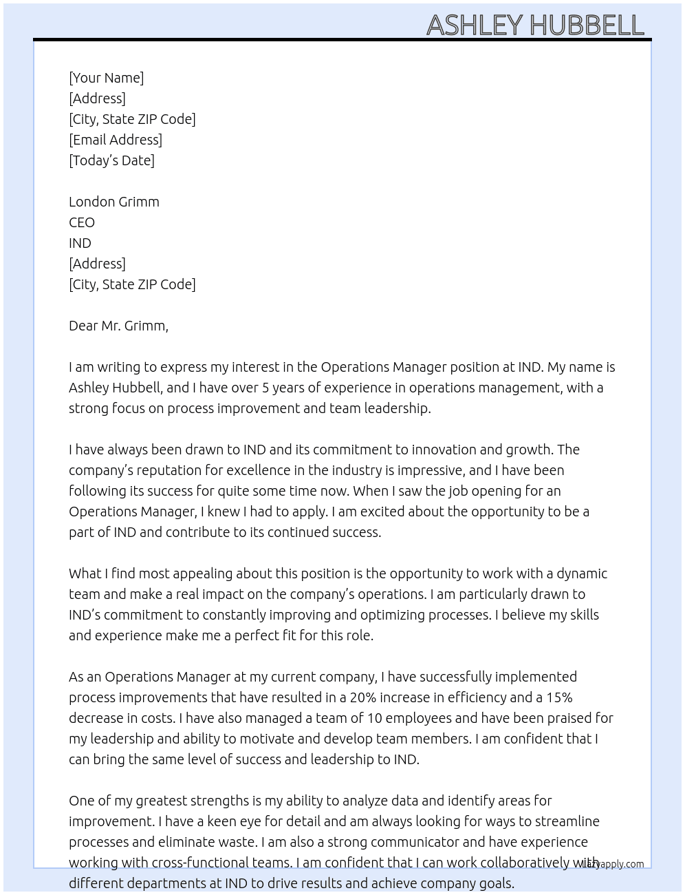 Operations Manager At IND  Cover Letter