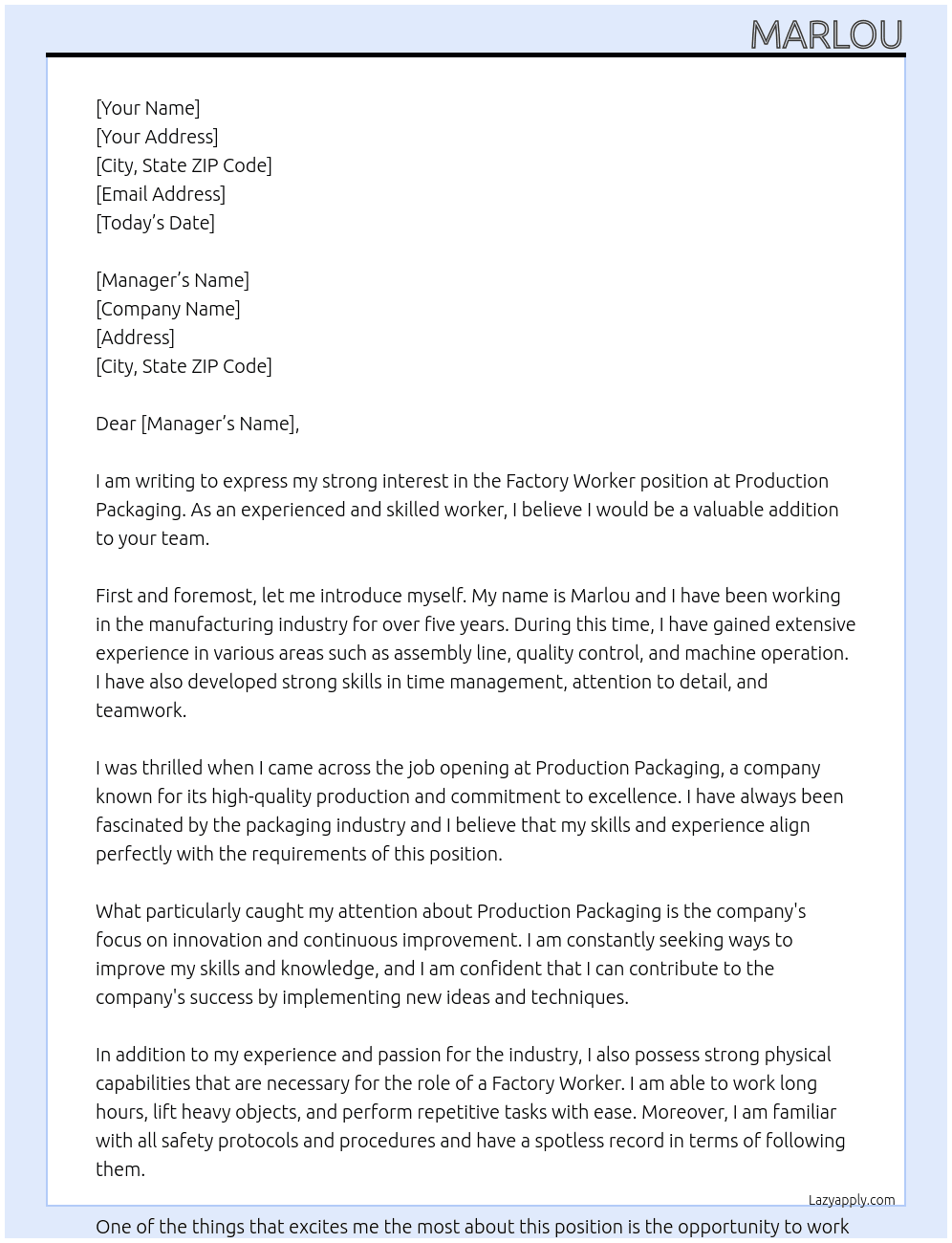 Factory worker At Production packaging Cover Letter