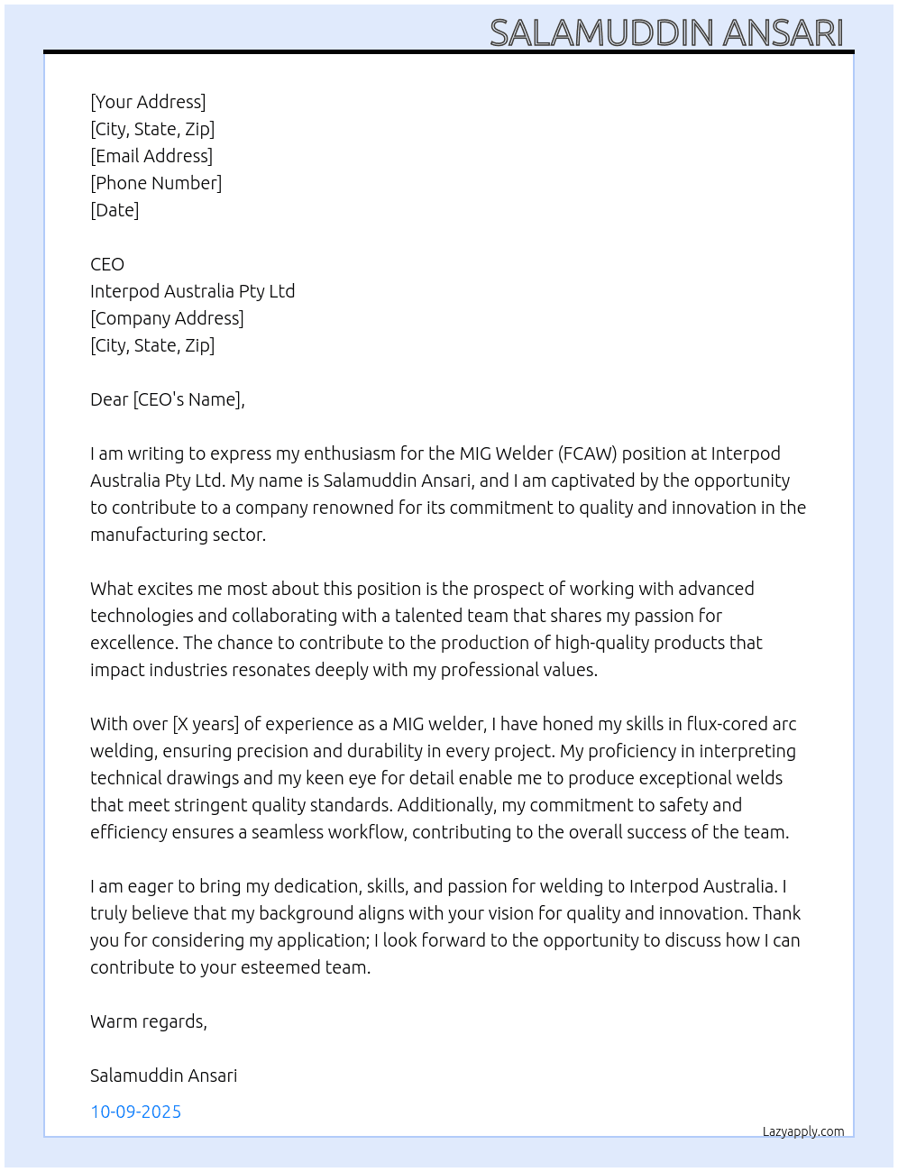 Mig welder fcaw  At Interpod Australia pty Ltd Cover Letter