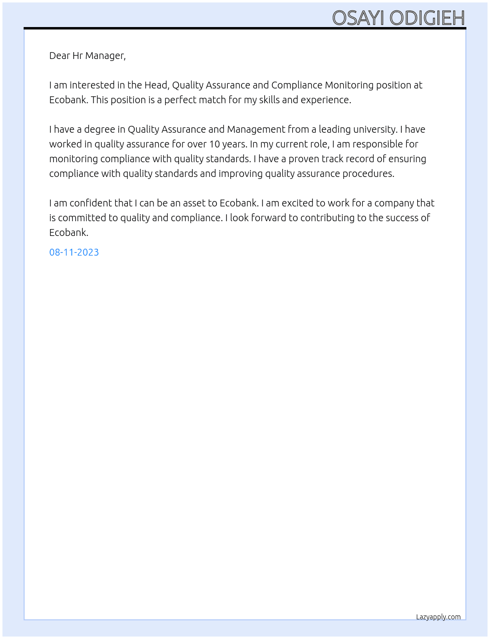 Head, Quality Assurance and Compliance  Monitoring At Ecobank Cover Letter