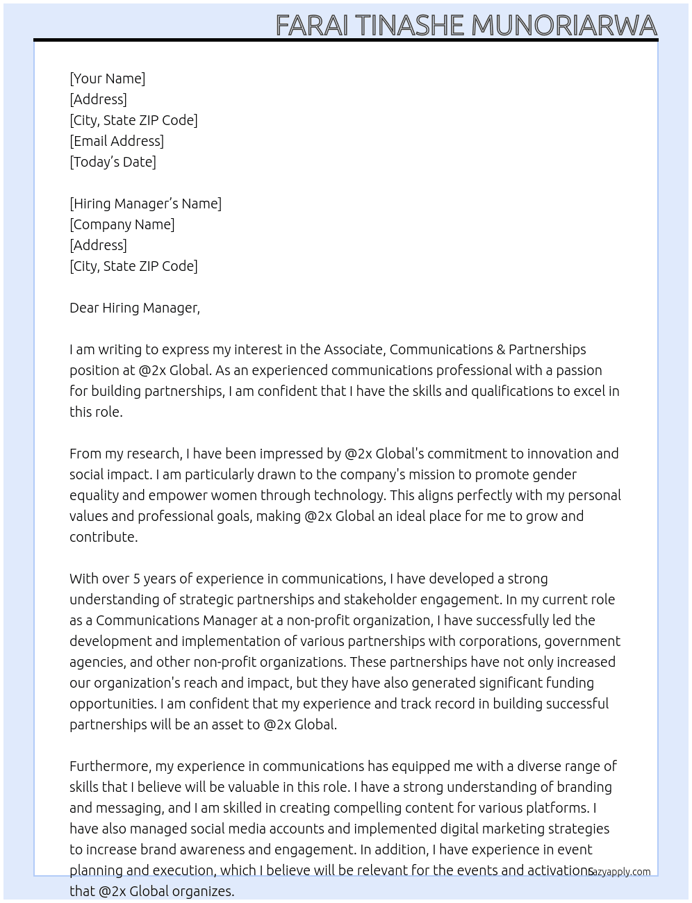  Associate, Communications & Partnerships At @2x Global Cover Letter