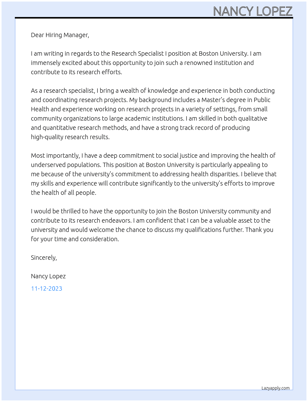 Research Specialist I  At Boston University Cover Letter