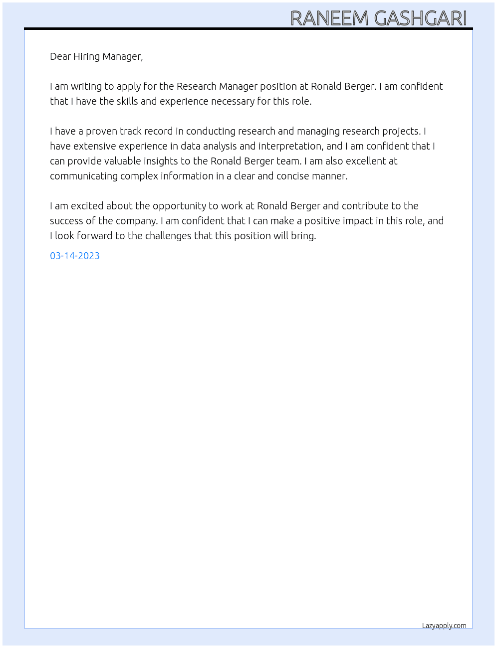 Research Manager At Ronald Berger Cover Letter