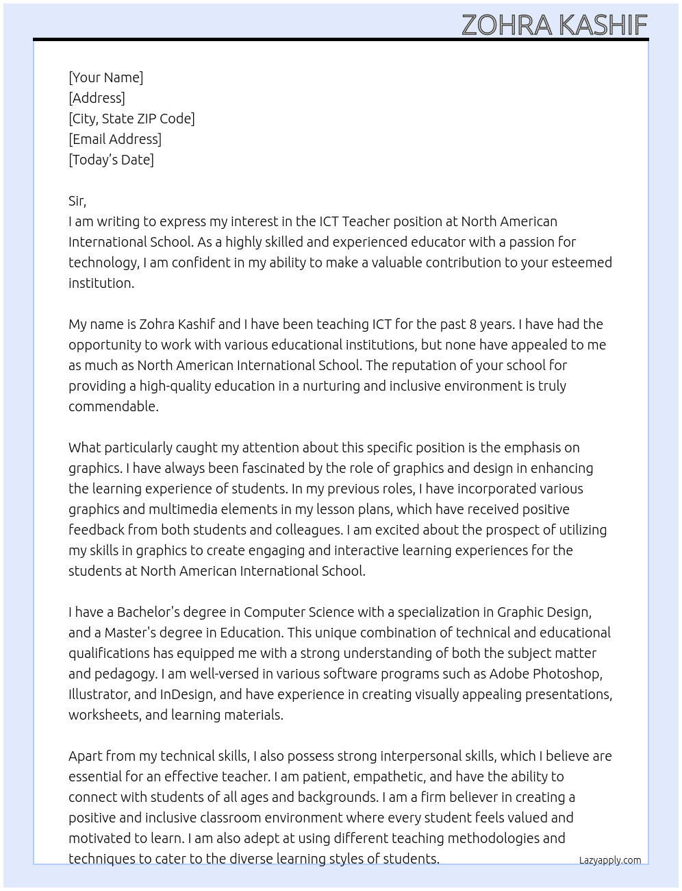 ICT teacher At North American international school Cover Letter