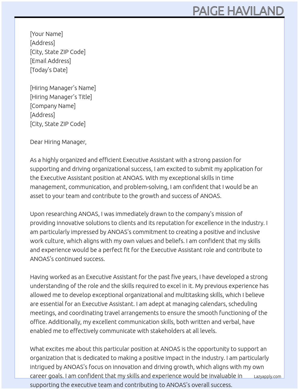 Executive Assistant At ANOAS Cover Letter