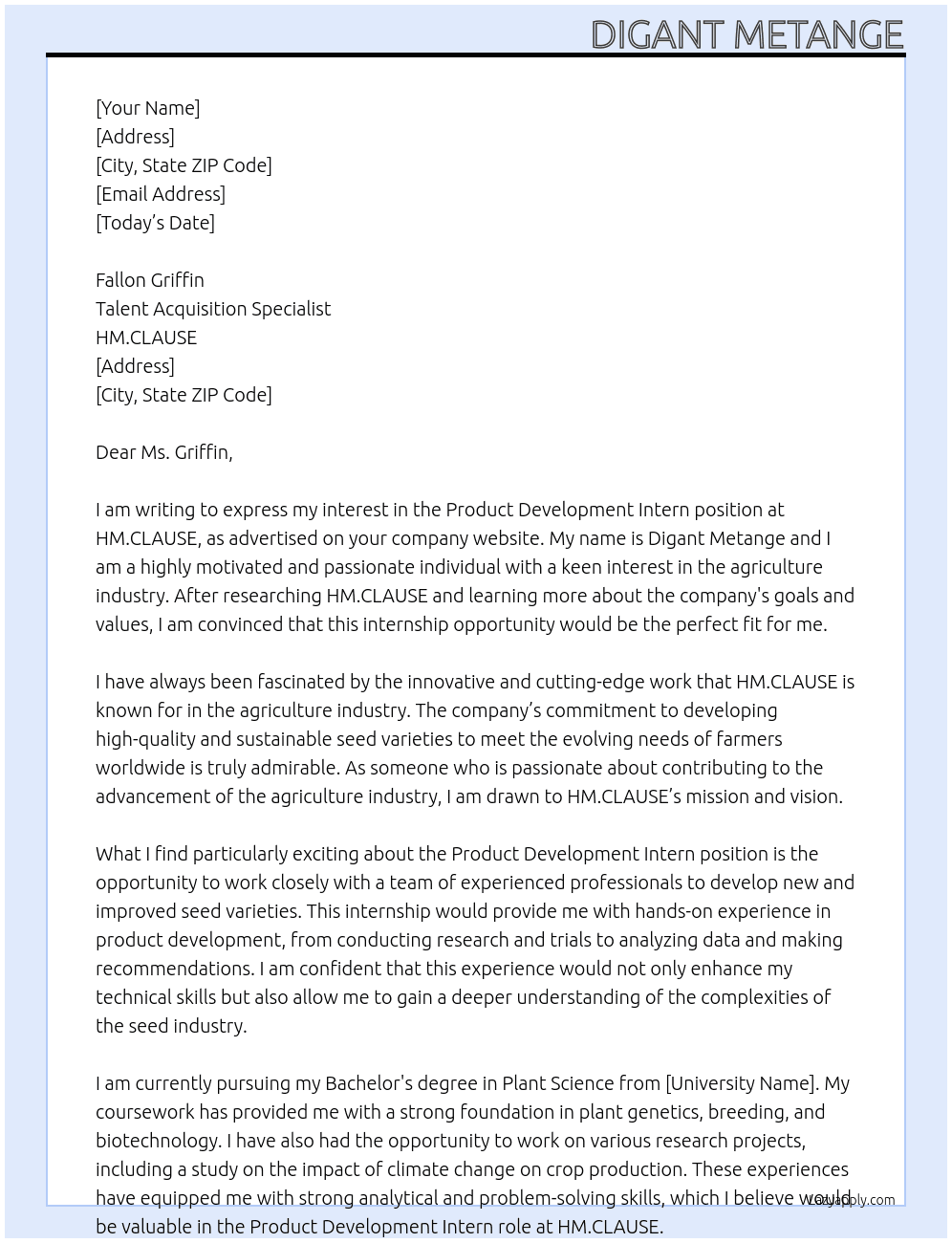 Product Development Intern At HM.CLAUSE Cover Letter