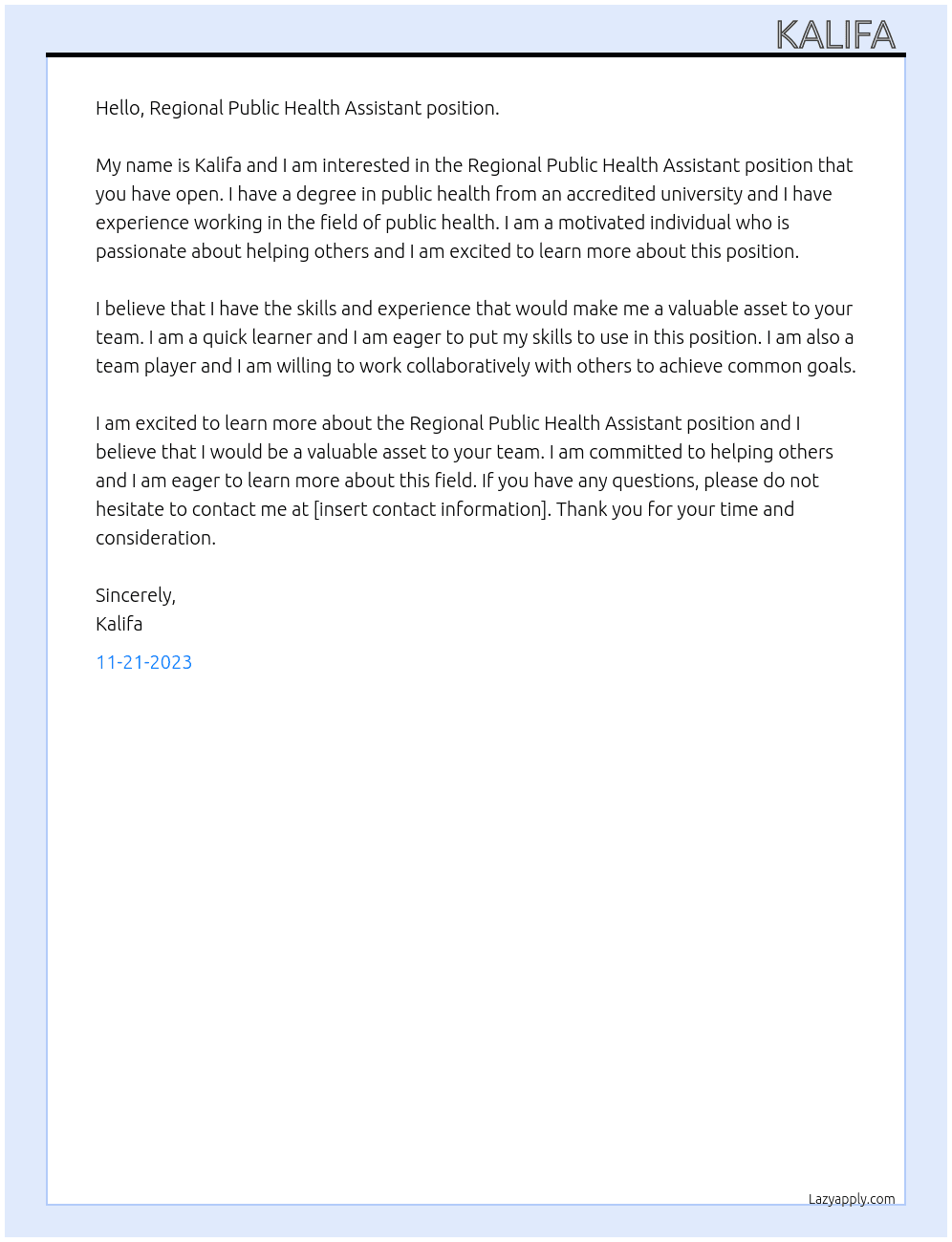 Public health Assistant  At Regional  Cover Letter