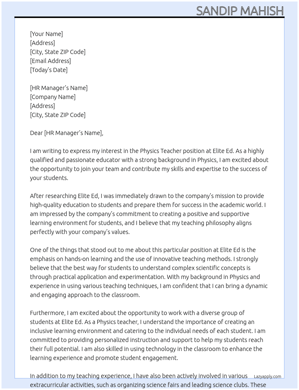 Physics Teacher At Elite Ed Cover Letter