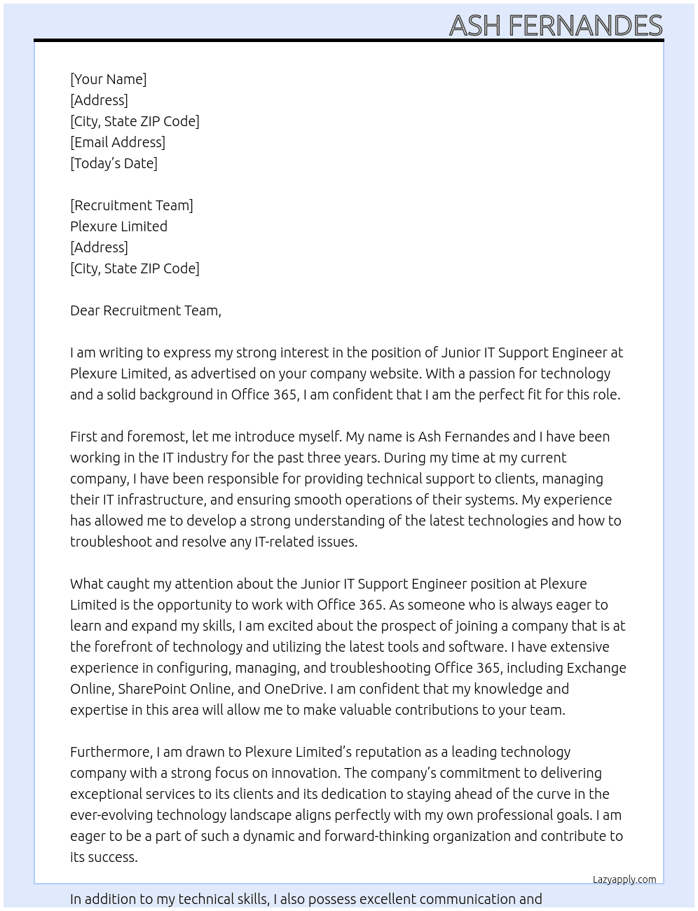 Junior IT Support Engineer At Plexure Limited Cover Letter