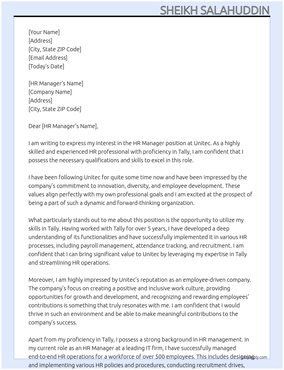 hr manager At unitec Cover Letter