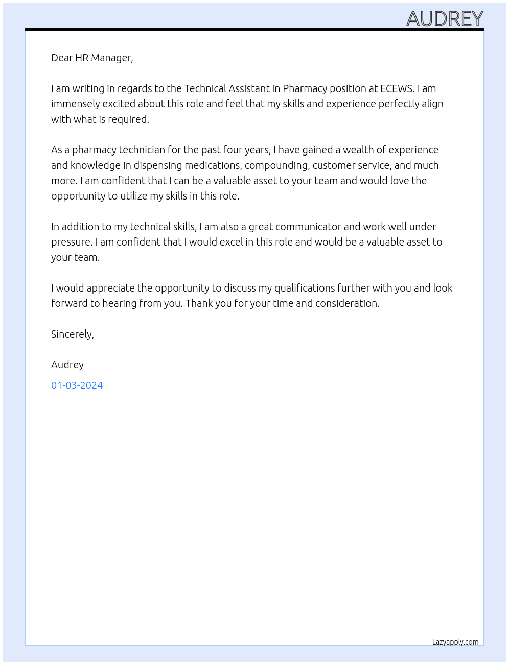 technical assistant in pharmacy At ECEWS Cover Letter