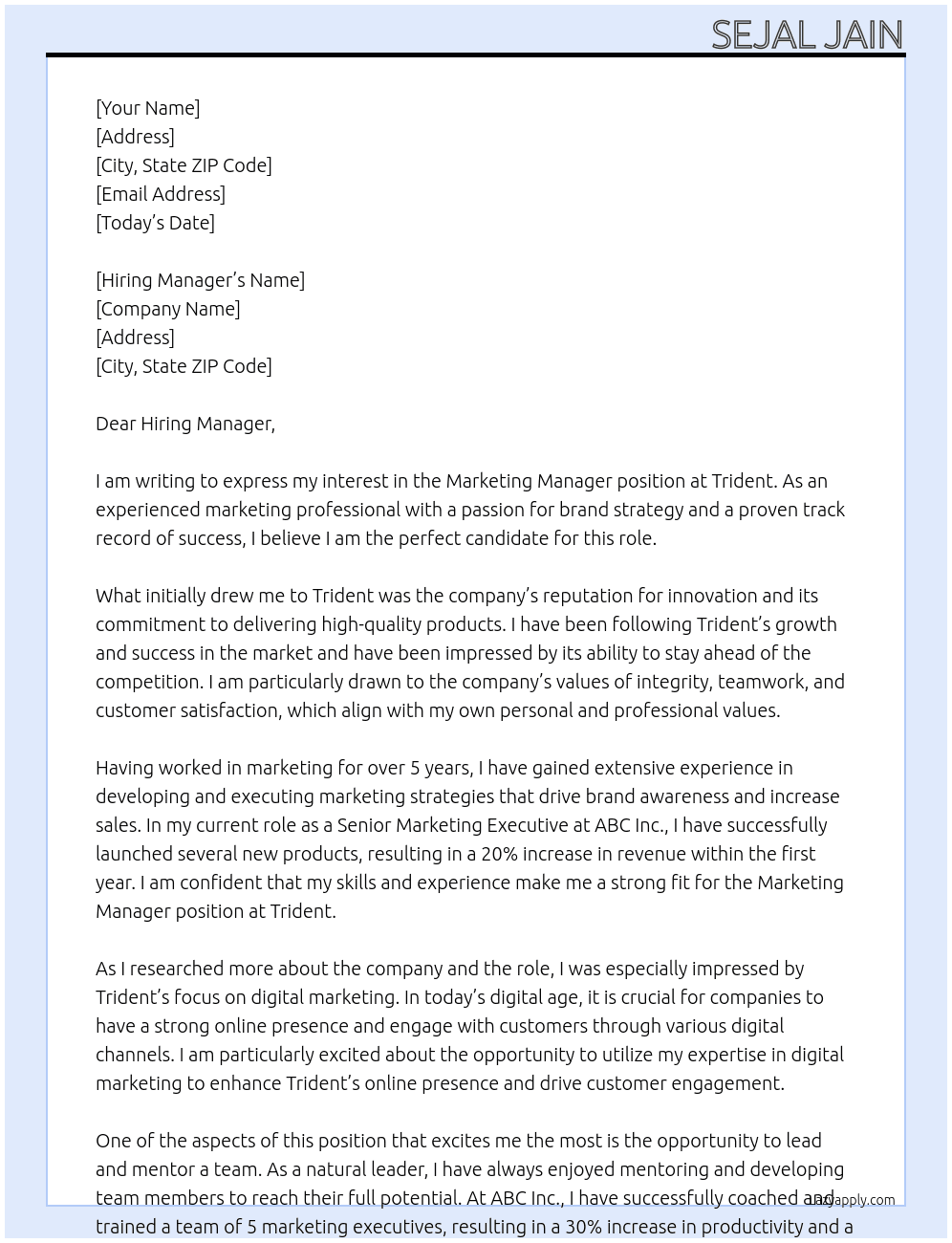 Marketing manger At Trident Cover Letter