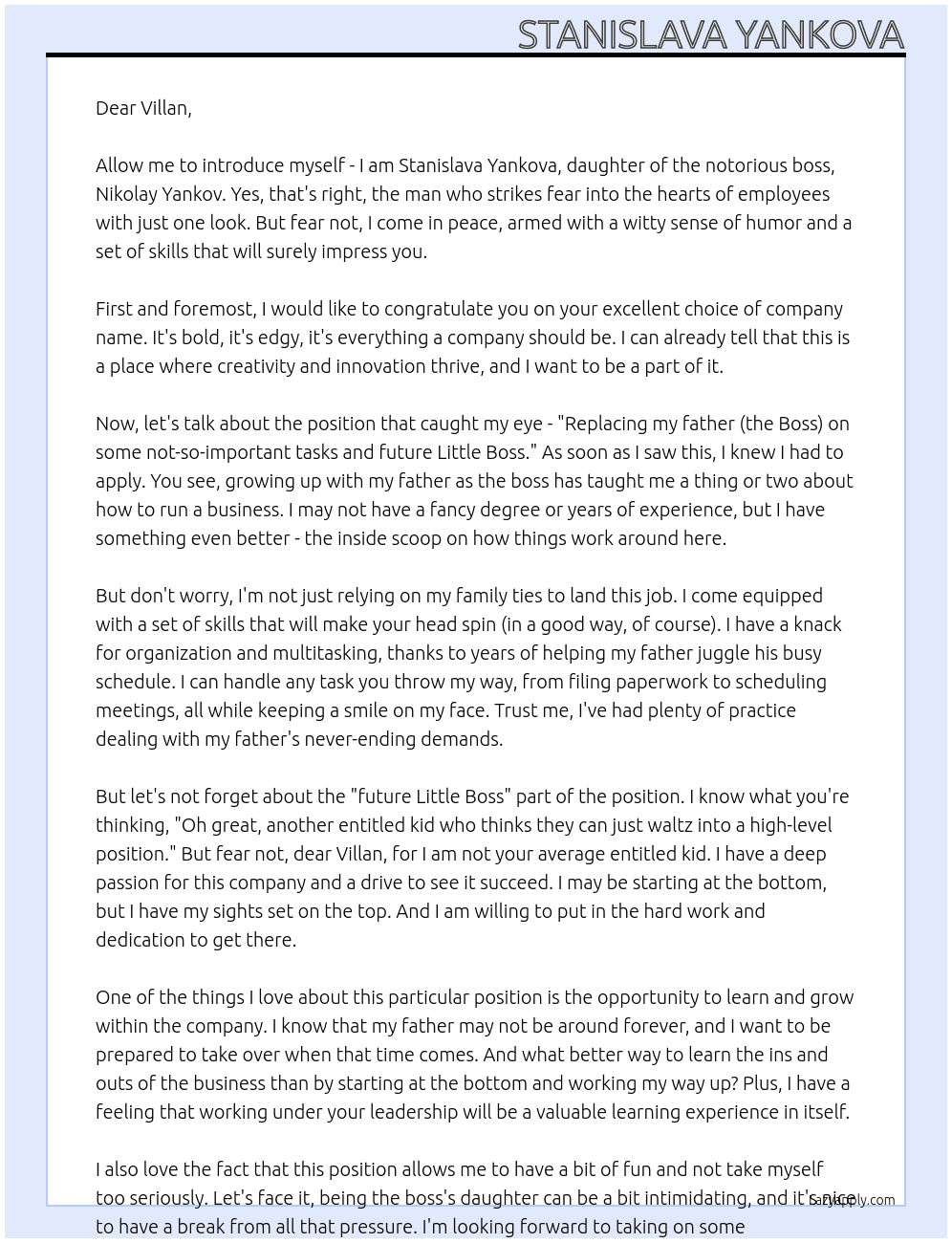 Replacing my father (the Boss) on some not-so-important tasks and future Little Boss At Villan  Cover Letter