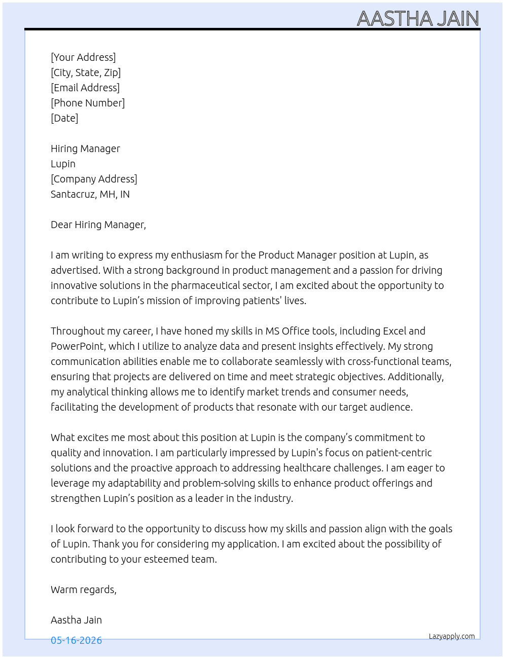 manager- Product At Lupin Cover Letter
