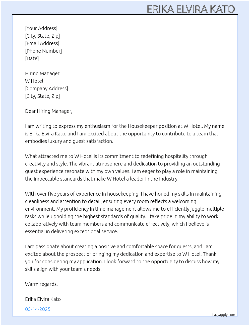 house kepper At W hotel Cover Letter
